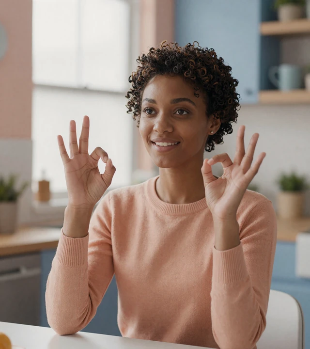Deaf woman signing I love you in ASL by a sunlit kitchen window, lifestyle shot for deaf dating site