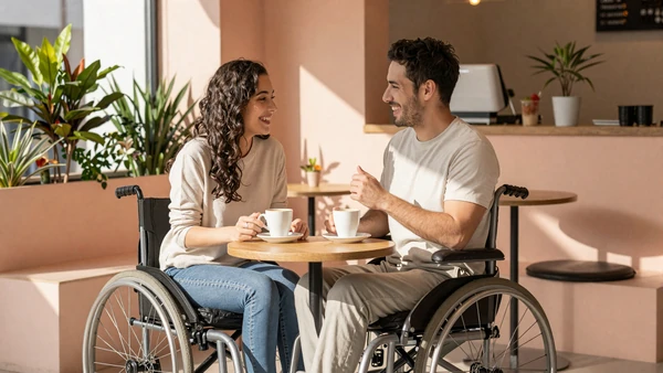 Wheelchair user couple laughing over coffee at a step-free cafe in warm afternoon light