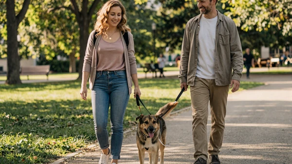 Blind woman walking with her guide dog and partner in a park