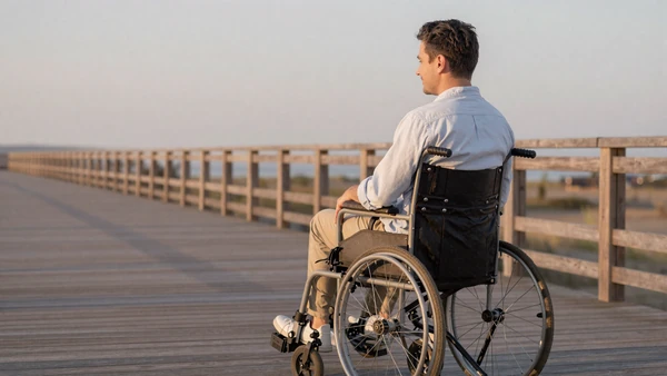 Wheelchair user and partner on an accessible boardwalk date at golden hour