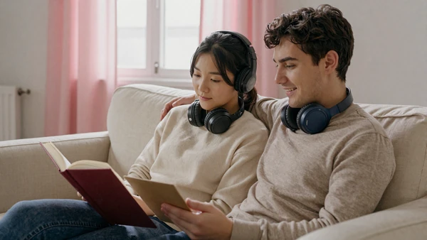 Neurodivergent couple reading together on a linen couch in soft pink light