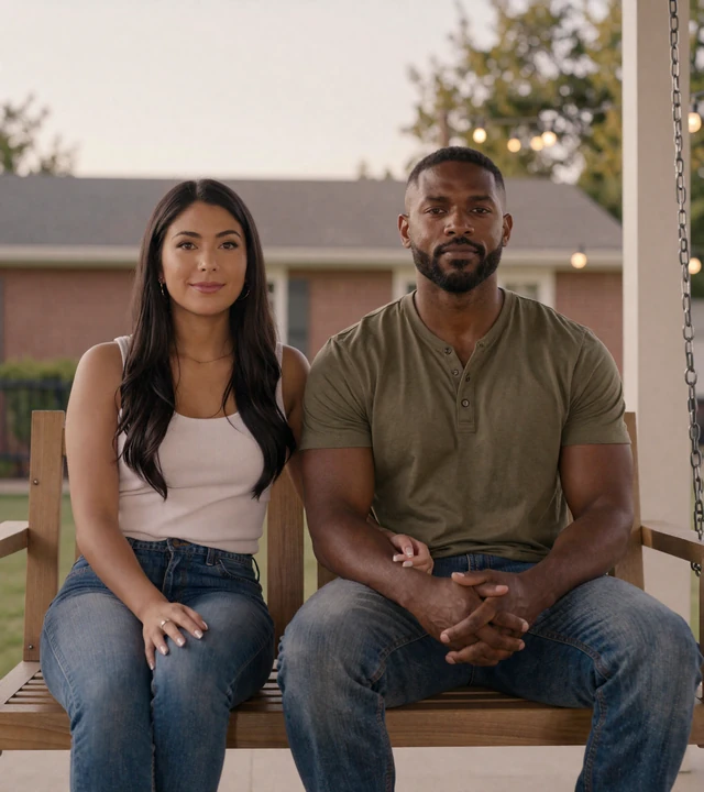 Veteran and partner sitting peacefully on a porch swing at sunset, dating a veteran with PTSD lifestyle