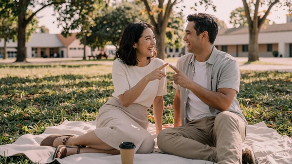 Deaf couple signing and laughing on a park bench