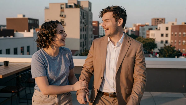 A little people couple holding hands on a rooftop at sunset