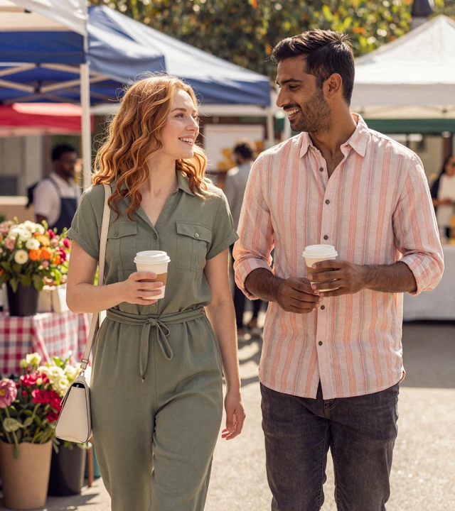 Neurodivergent couple on a walking farmers-market date, an ADHD-friendly date idea