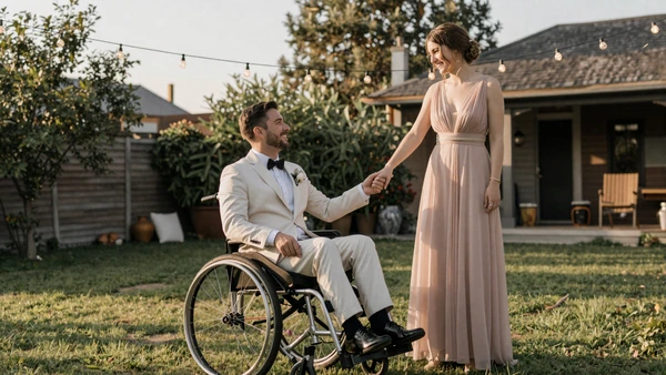 Interabled couple holding hands at a sunlit backyard wedding under string lights