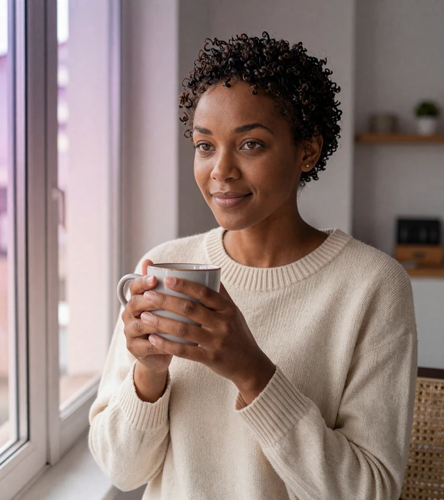 Woman with bipolar disorder smiling softly by a sunlit window, bipolar dating community lifestyle