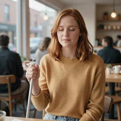 Harper, a totally blind woman in Portland holding a white cane in a sunny cafe