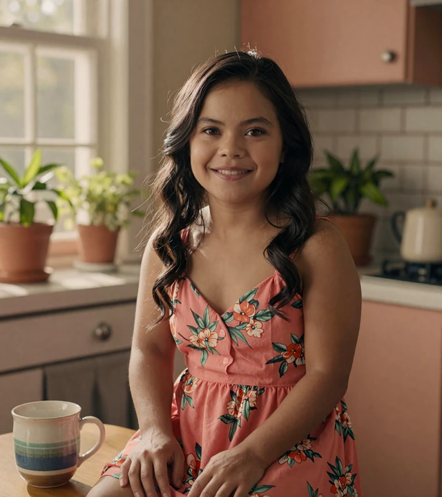 Young Latina woman with achondroplasia smiling in her sunlit kitchen, dwarfism dating lifestyle portrait