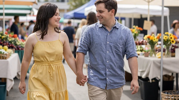 Little people couple walking hand in hand through a bright farmers market