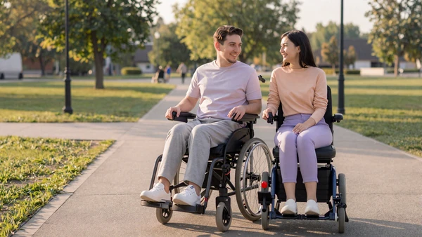 Man using a power wheelchair on an accessible park path with his partner in warm afternoon light