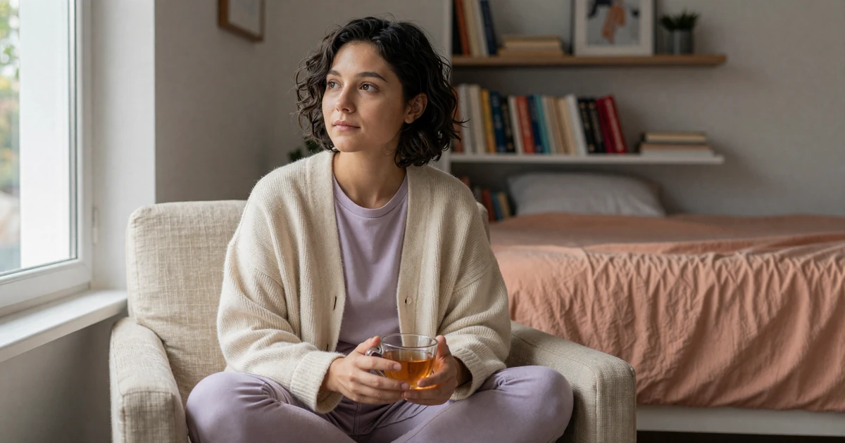 Autistic woman in a calm low-stimulation bedroom holding a cup of tea, autism dating lifestyle