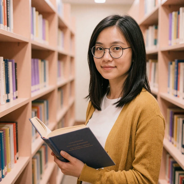 Mira, an autistic library archivist with glasses, smiling among tall bookshelves