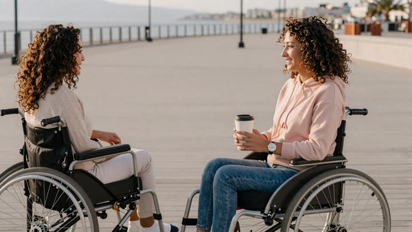 A joyful wheelchair user and their partner sharing coffee on a sunny boardwalk, wheelchair dating scene