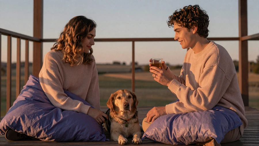 Couple sharing tea on a porch at sunset with a service dog, PTSD dating lifestyle
