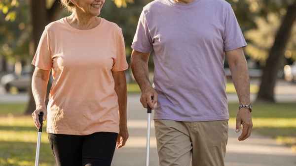 Blind woman walking with her partner in a sunlit park, lifestyle photo for blind dating category