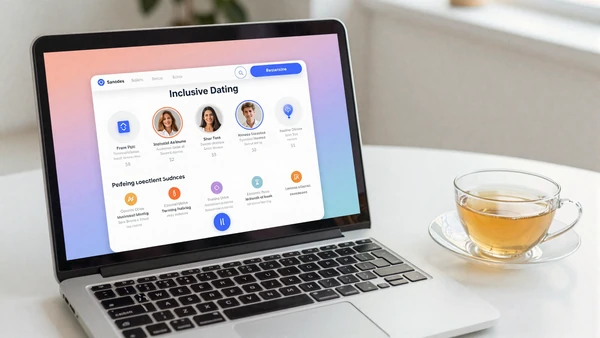 Laptop showing dating platform safety settings and reporting tools in a bright workspace