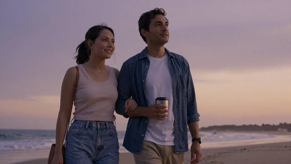 Couple walking quietly together along a beach at dusk