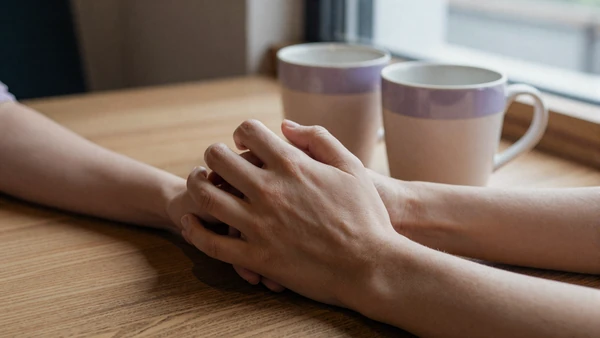 Two hands held across a sunlit cafe table beside two coffee mugs in warm tones