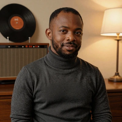 Marcus, a civil rights attorney with SED dwarfism beside his vinyl collection