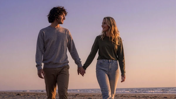 Couple walking a sunset beach, dating with bipolar disorder