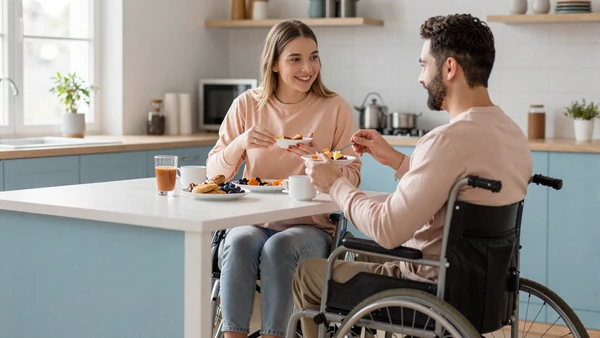 Interabled couple sharing breakfast in a sunlit kitchen