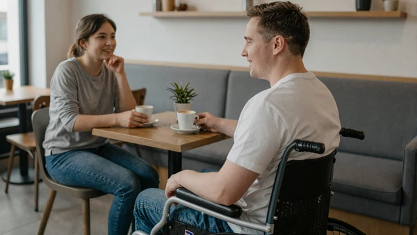 Person with cerebral palsy on a coffee date with their partner