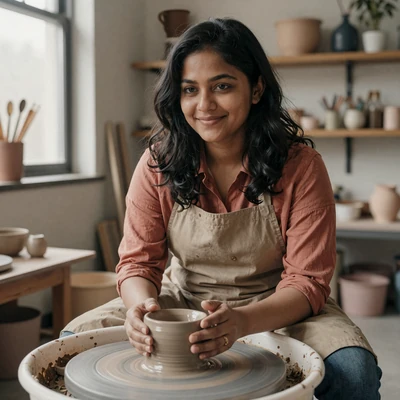 Priya, a South Asian American pottery artist with retinitis pigmentosa in her Queens studio