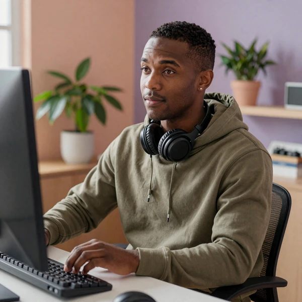 Devon, an AuDHD backend developer, at a home desk with headphones and plants