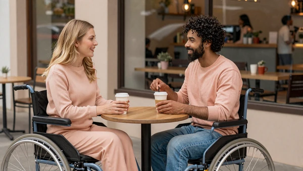 Wheelchair user on an accessible cafe date, wheelchair dating community