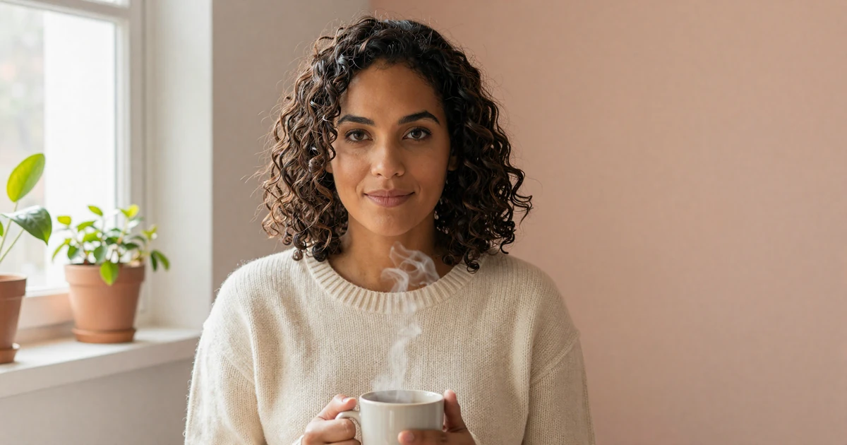 Woman with PTSD resting by a sunlit window with tea, a grounding moment in trauma-informed dating lifestyle
