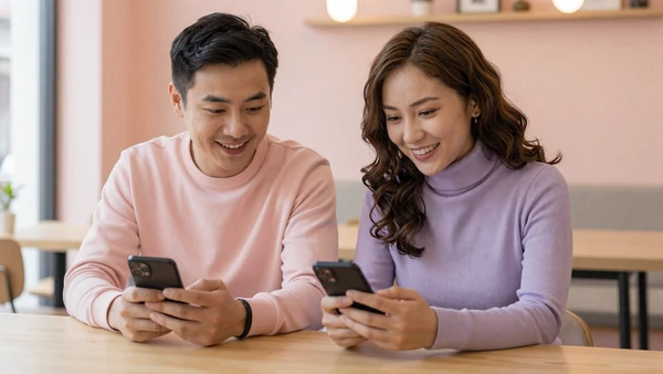 Two people smiling while messaging in an accessible cafe, representing inclusive dating advice