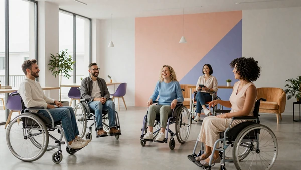 Diverse disabled and neurodivergent adults together in a warm community setting for the homepage