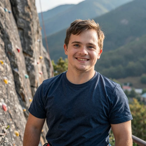 Eli, a 27-year-old little person and climber outside a mountain climbing gym