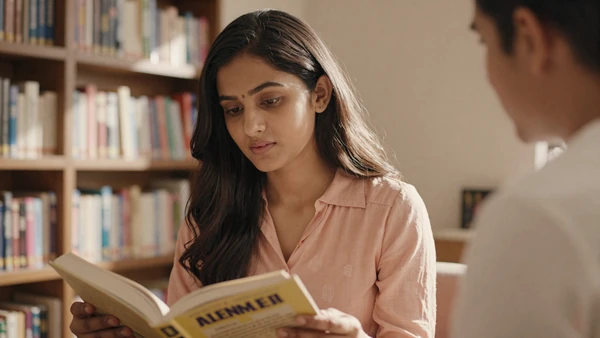 Autistic woman reading quietly beside her partner in a sunlit bookstore