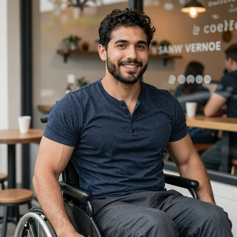 Daniel, a power wheelchair user and radio producer in a Brooklyn coffee shop