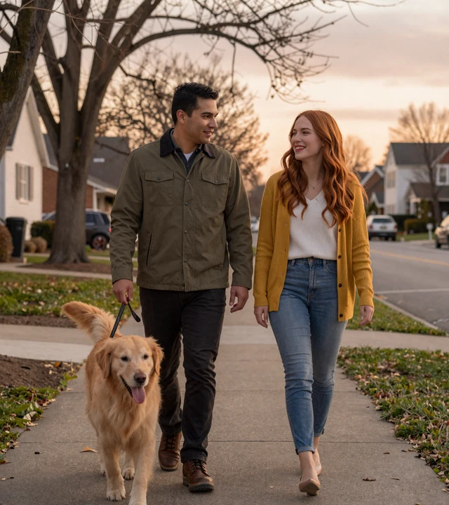 Interabled couple walking their dog at golden hour, a bipolar relationship in everyday life