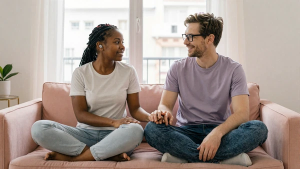 Couple having a calm conversation on a soft pink couch