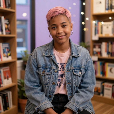 Lex, a nonbinary AuDHD barista and poet in a Brooklyn bookstore