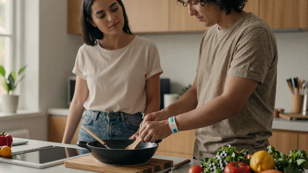 A couple cooking together at home, one wearing a medical alert bracelet