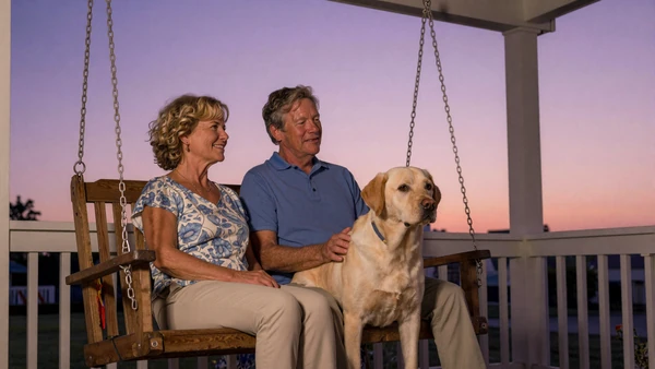 Couple on a porch swing at dusk, dating with PTSD community