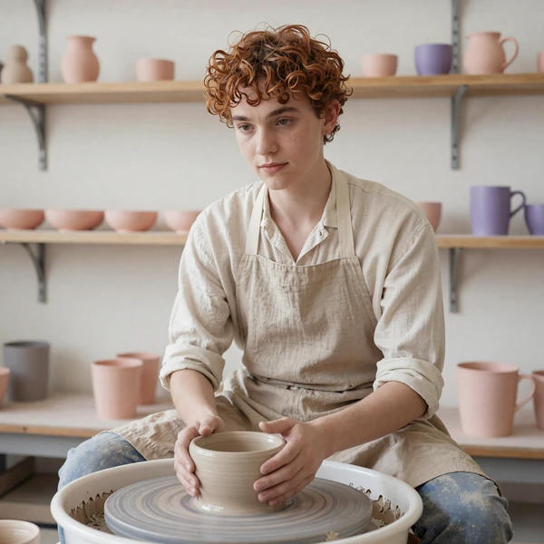 Ollie, a non-binary late-diagnosed autistic ceramicist, shaping a pot on a pottery wheel