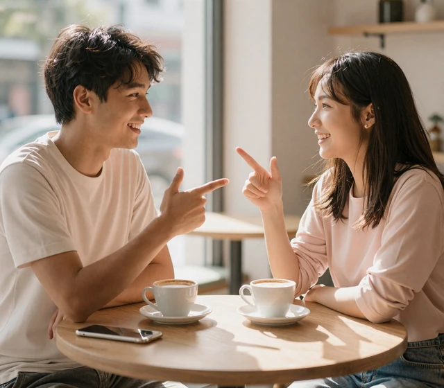 A Deaf couple signing to each other at a sunny cafe, illustrating inclusive dating