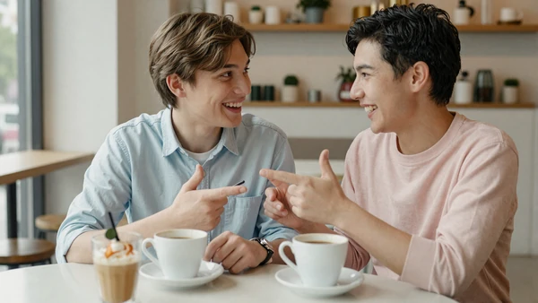 Deaf couple signing to each other over coffee, an inclusive Deaf community dating moment
