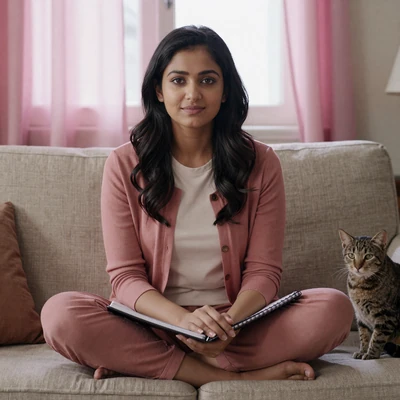 Riya sitting on a linen couch with a sketchbook and a tabby cat in soft pink window light