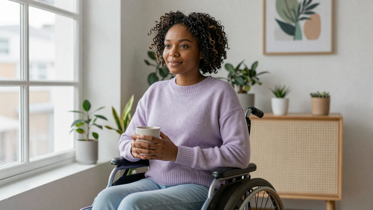 Nia, a Black graduate student with dyskinetic cerebral palsy baking in her sunlit kitchen
