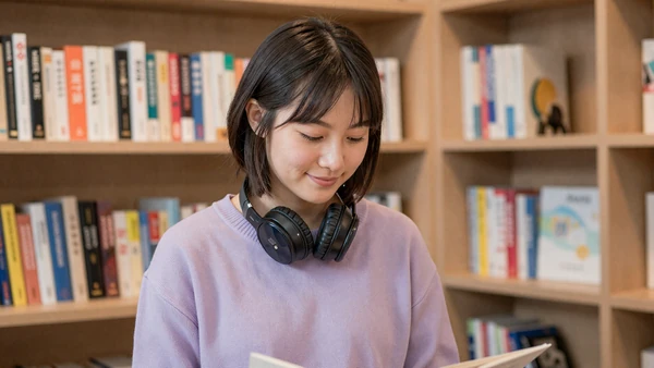 Autistic young woman with noise-canceling headphones in a bookshop, lifestyle photo for autism dating category