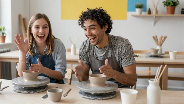 ADHD couple laughing together during a pottery class