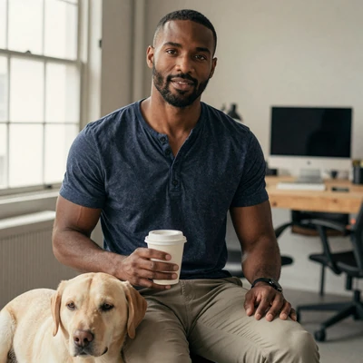 Marcus, a low-vision Black software engineer in Atlanta with his yellow Labrador guide dog
