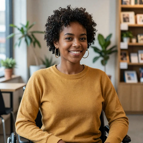 Rosa, a UX writer with spastic cerebral palsy in San Diego, smiling in her apartment